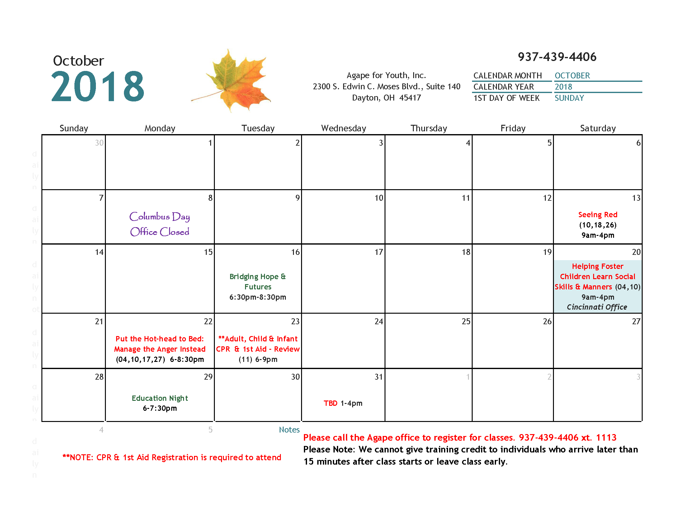 Oct 18 OnGoing Foster Parent Training Calendar Agape for Youth, Inc.