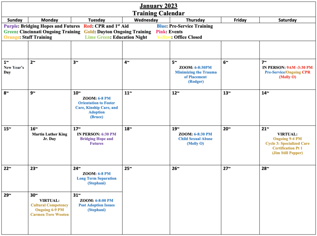 january 2023 agape for youth calendar
