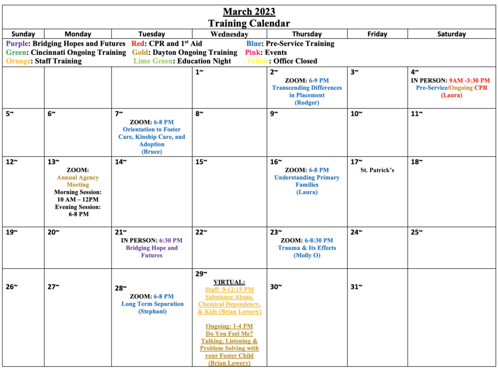 March 2023 Agape for Youth calendar